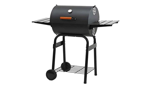 Large Charcoal BBQ Barrel Grill Smoker Thermometer Side Table Wheels Outdoor