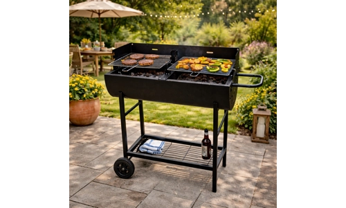 Charcoal BBQ Grill Half Barrel Dual Zone 2 Cooking Areas Garden Trolley BBQ