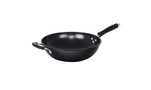 Large 34cm Black Non Stick Carbon Steel Wok Frying Pan Chinese Stir Fry Cookware