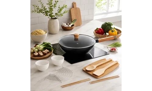 10 Pc Carbon Steel Non Stick Wok Pan Gift Set With Lid Utensils Bowls Chopsticks