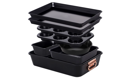 8pc Non Stick Bakeware Set Stackable Black Muffin Tray Loaf Pan Roaster Oven Set