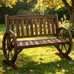 2 Seater Wooden Garden Bench Wagon Wheel Style Outdoor Pat..