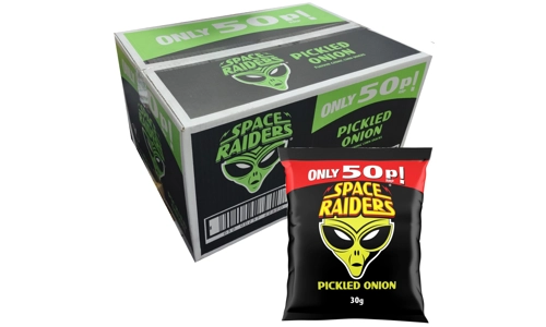 Space Raiders Pickled Onion Flavour Crisps Full Box Case Pack of 36 x 30g Bag