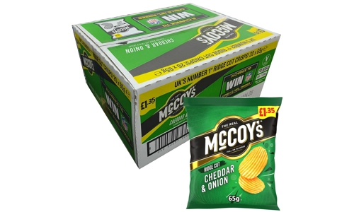 McCoys Cheddar And Onion Potato Crisps Ridge Cut Box Pack of 20x65g Sharing Bag