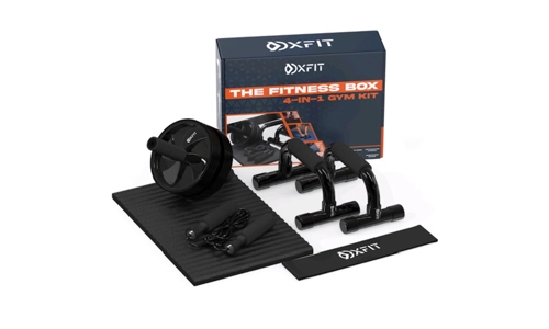 Oxfit The Fitness Box 4in1 Gym Kit Wheel Ab Roller Push Up Bars Jump Rope Bands