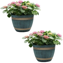 2x Large Blue Rustic Style Plastic Half Barrel Cask Plante..