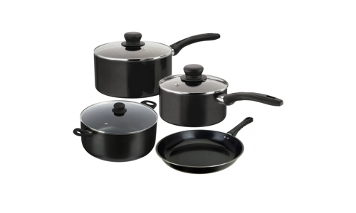 Black 4 Piece Non Stick Cookware Set Cooking Pot Frying Pan Saucepan With Lids