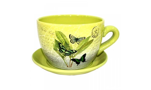 Giant Green Butterfly Leaf Design Tea Cup And Saucer Planter Jumbo Plant Pot Tub
