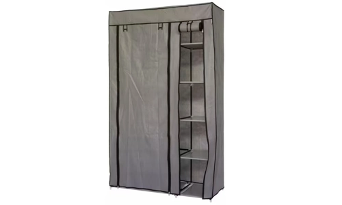 Single Grey Fabric Canvas Wardrobe With Hanging Rail Shelving Clothes Storage Organiser