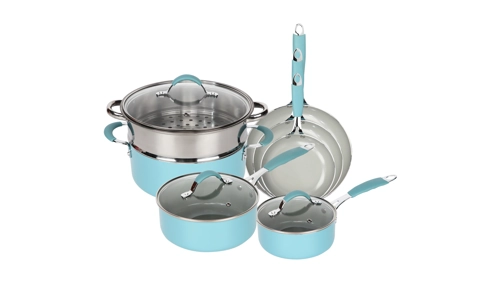 Blue and Dove Grey Induction 10 Pcs Cookware Set Non Stick Frying Pan Saucepan