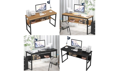 Computer Desk Wooden Metal Study Table Home Office Workstation With Book Shelf