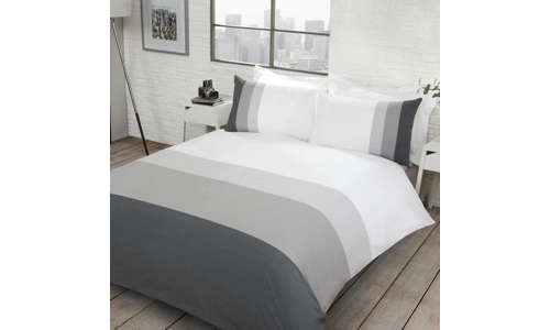 Sleepdown Colour Block Grey Stripe Reversible Duvet Set Bed Quilt Cover Bedding