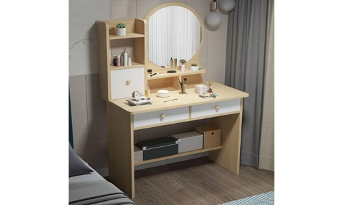 Wooden White Oak Dressing Table Make Up Vanity Desk With Drawers Shelves Mirror
