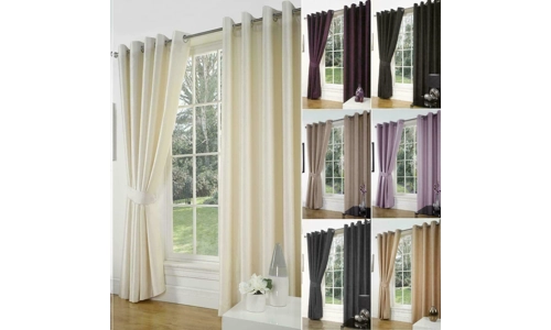 Luxury Faux Silk Slubbed Curtains Pair Eyelet Ring Top Lined With Tiebacks Set
