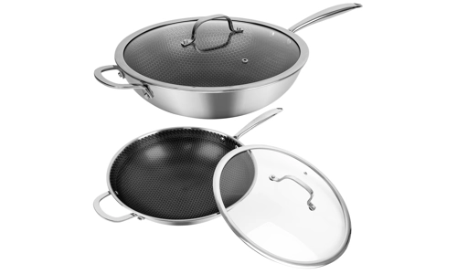 Stainless Steel Induction Wok 30cm Honeycomb Stir Fry Non Stick Frying Pan Lid