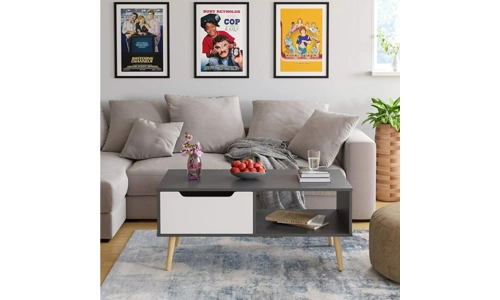 Wooden Grey White Scandinavian Coffee Table With Legs Storage Compartment Drawer