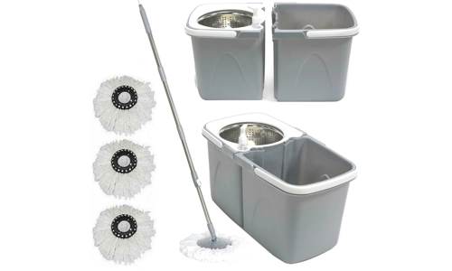 Grey Space Saving 360° Rotating Dual Spin Dry Mop & Bucket 3 Microfibre Heads
