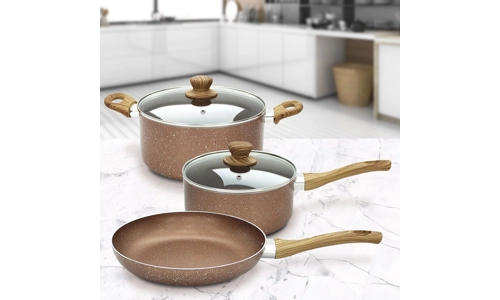 Rose Gold 3 Pc Induction Non Stick Marble Saucepan Fry Pan Cooking Stock Pot Set
