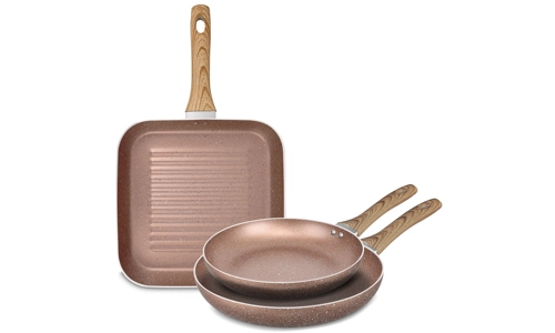 Rose Gold 3 Pc Induction Non Stick Marble Frying Grill Pan Set Cookware (Griddle Pan Not Induction)