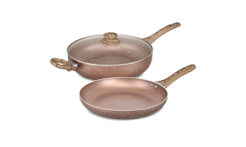 Gr8 Home 2 Piece Induction Rose Gold Non Stick Marble Pan Set Frying Fry Pan Saucepan Cooking Pot With Lid Kitchen Cooking Cookware With Wooden Handle