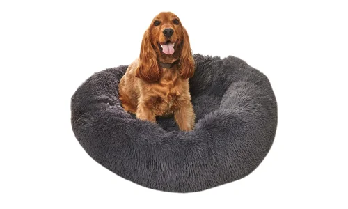 Large Pet Dog Cat Calming Bed Round Plush Shaggy Nest Charcoal Donut Mattress