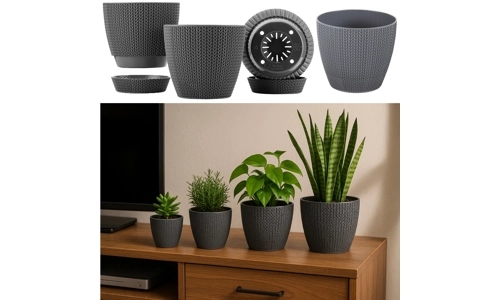Set Of 4 Grey Sumela Knitted Flower Plant Pot Planter With Tray Indoor Garden Set Of 4 Grey Sumela Knitted Flower Plant Pot Planter With Tray Indoor Garden