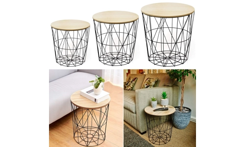 Set Of 3 Black Geometric Metal Wire Round Coffee Side Table Bedside Storage Nest