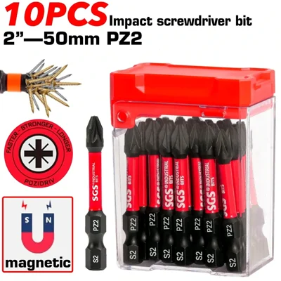 Professional Quality S2 10pcs PZ2 Magnetic Steel Impact Screwdriver Bits 50mm