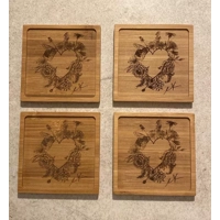 Wooden Drinks Coasters with Hand Drawn Bee Floral Design