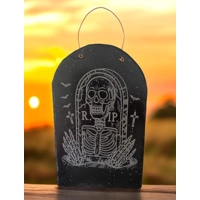 Personalised Slate Tombstone Shape with Spooky Skeleton Halloween Design