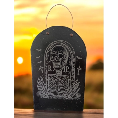 Personalised Slate Tombstone Shape with Spooky Skeleton Halloween Design