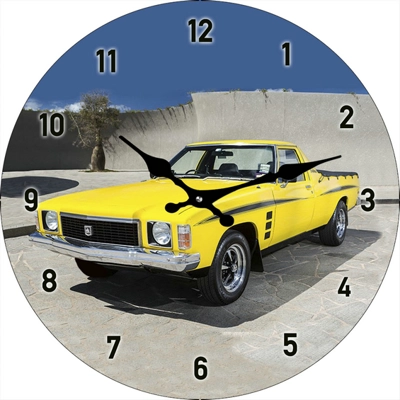 1975 HJ Holden Sandman Yellow Ute Glass Clock 17cm Diameter