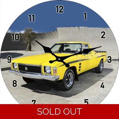 1975 HJ Holden Sandman Yellow Ute Glass Clock 17cm Diameter