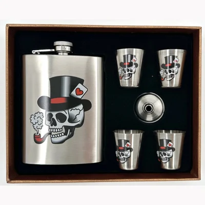 Skull Top Hat Hip Flask Set