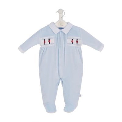 Little Soldiers Smocked Velour Blue Sleep Suit
