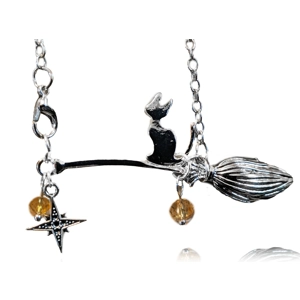 Cat Riding Broomstick Necklace