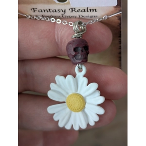 Maroon Skull & Daisy necklace