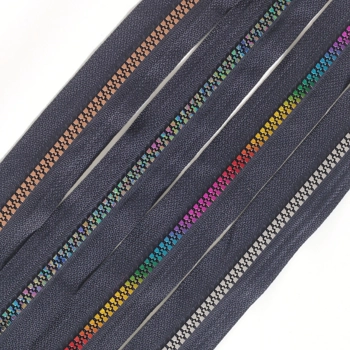 Metal Look Navy Zipper Tape with 4 Pulls - 4 finishes - by the metre