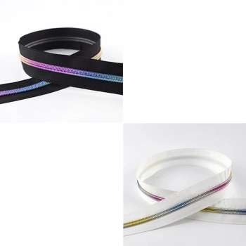 Black/White Nylon Zipper Tape #5 - Multicolour Teeth - by the Metre