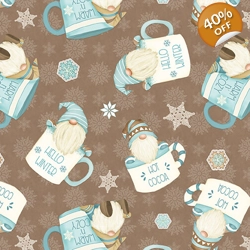 Henry Glass - I Love Sn'Gnomies Flannel - Hot Cocoa Cup Gnomes - Brown