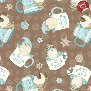 Henry Glass - I Love Sn'Gnomies Flannel - Hot Cocoa Cup Gnomes - Brown