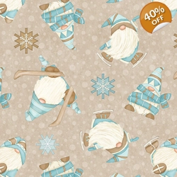 Henry Glass - I Love Sn'Gnomies Flannel - Skiing Gnomes - Beige
