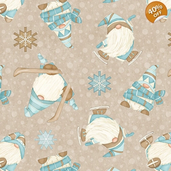 Henry Glass - I Love Sn'Gnomies Flannel - Skiing Gnomes - Beige