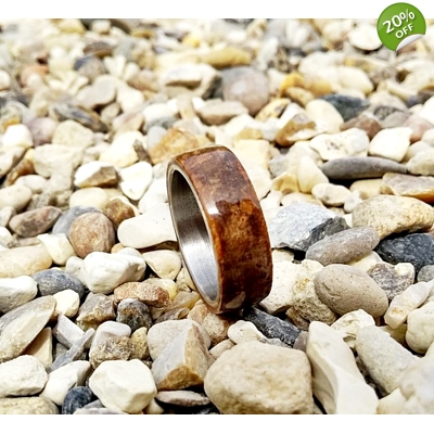 Limited Edition Burr Walnut Wood and Steel Ring Size P 8mm Band