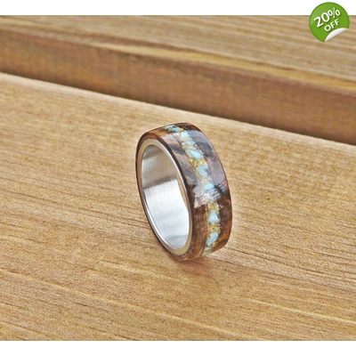 Burr walnut turquoise 24ct gold inlay handcrafted ring Size U