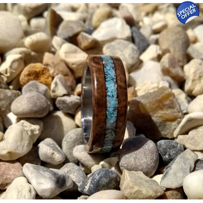 Burr walnut wood and turquoise inlay handcrafted ring Size U