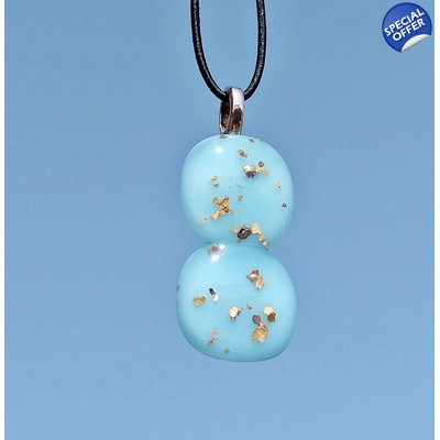 Baby blue glass and gold double drop necklace pendant