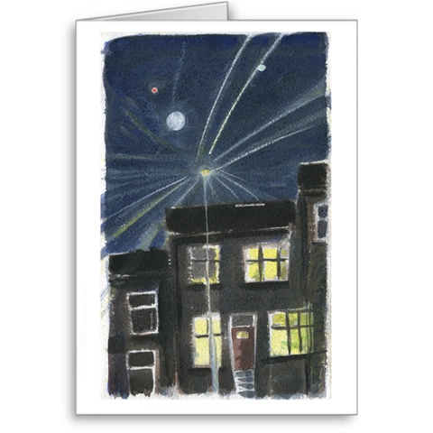 Moon, Mars, International Space Station, and Streetlamp - card