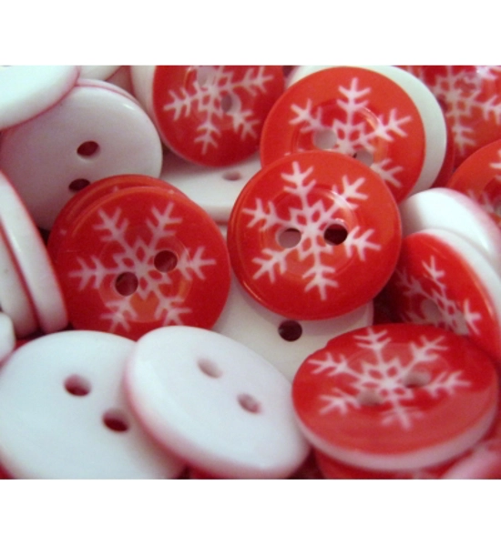 PACK OF 20- 5/8" RED AND WHITE RESIN SNOWFLAKE BUTTONS
