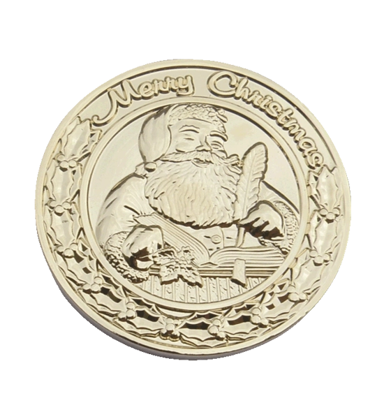 1 1/2" SOLID BRASS / GOLD PLATED "SANTA" CHALLENGE COINS
